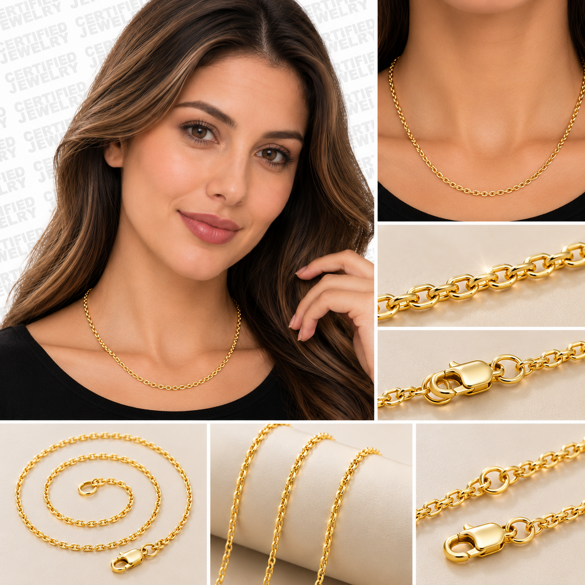 10K Solid Gold Diamond Cut Cable Chain Necklace 0.8mm 1.1mm 16 20 Inch