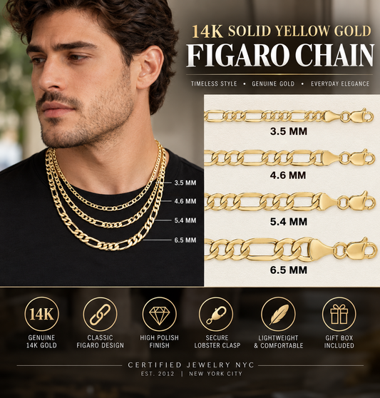 14K Solid Yellow Gold Hollow Figaro Link Chain Necklace 3.5MM 6.5MM