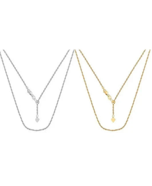 10K Solid Yellow or White Gold Adjustable Rope Chain Necklace 1.0MM 22"