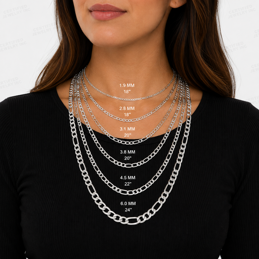 14K Solid White Gold Figaro Chain Necklace 1.9mm 6mm Italian Link Chain