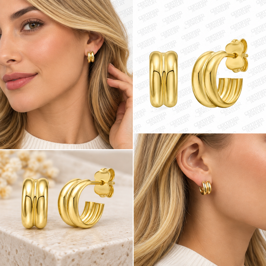 14K Solid Yellow Gold Puffed Double Row C Hoop Earrings Push Back Polished