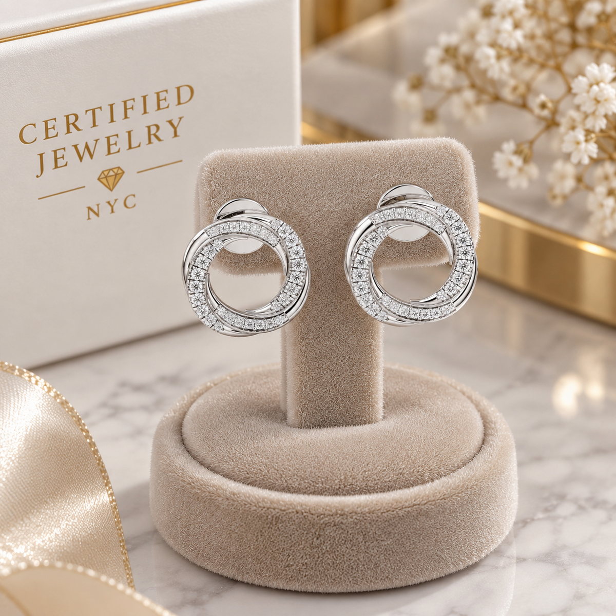 2CT Lab Grown Diamond Spiral Hoop Earrings 14K White Gold Half Diamond