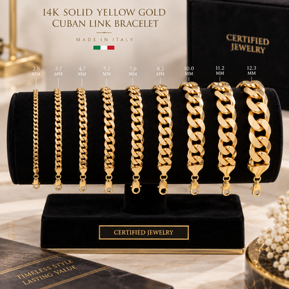 14K Solid Yellow Gold Cuban Link Bracelet 2.6MM 12.3MM Italy Made Curb