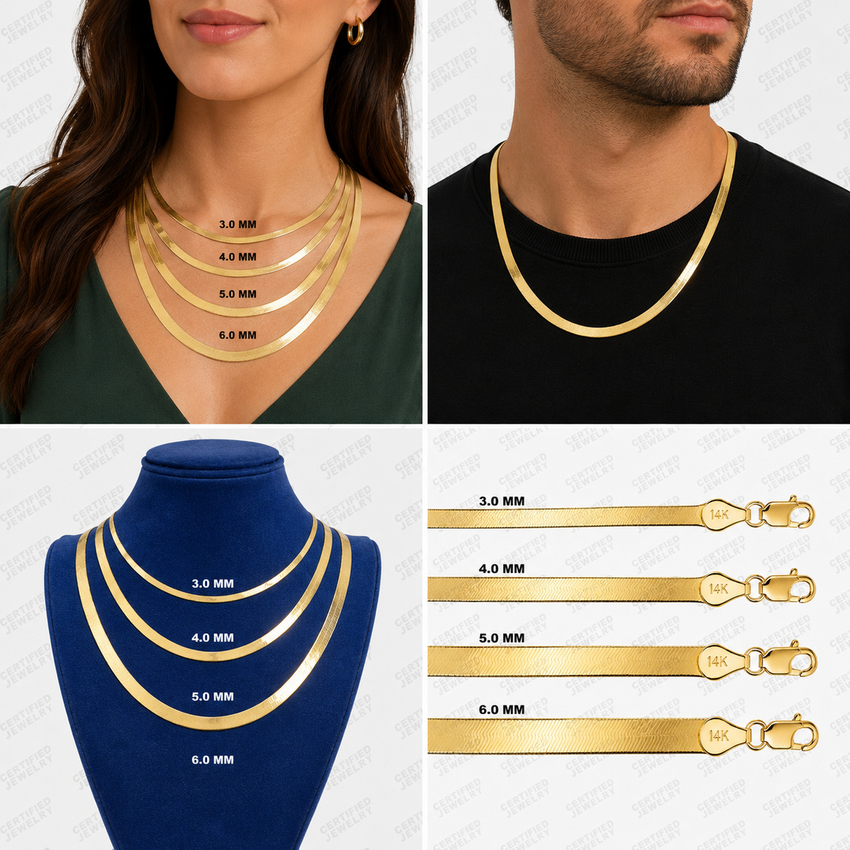 14K Solid Gold Herringbone Chain Necklace Real Gold Flat Chain Women Men
