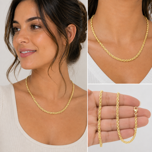 14K Solid Gold Braided Foxtail Chain Necklace 3.5mm Yellow White Gold