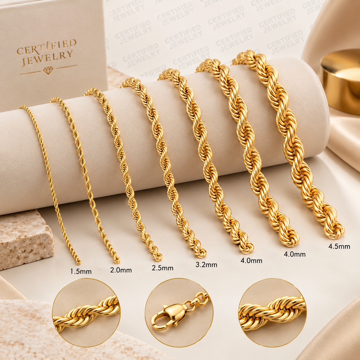 14K Solid Yellow Gold Rope Chain Necklace 1.5mm 5mm Lobster Clasp