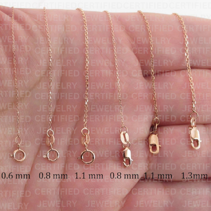 14K Solid Rose Gold Diamond Cut Cable Link Chain Necklace, 0.6mm to 1.1mm Wide.