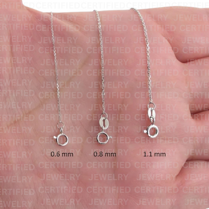 14K Solid White Gold Diamond Cut Cable Link Chain Necklace, 0.6 mm to 1.1 mm Wide.