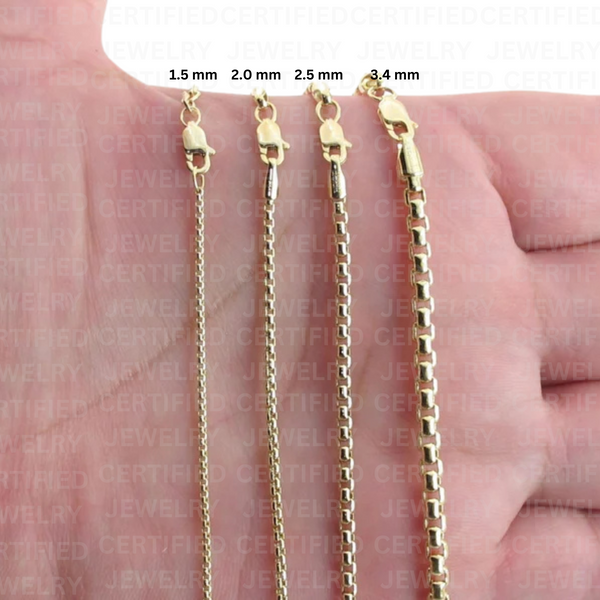 14K Yellow Gold Round Box Chain Necklace, 1.5MM To 3.5MM Wide.