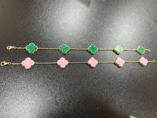 14k Gold Clover Green or Pink Bracelet