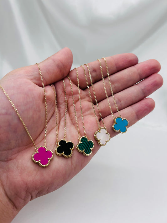 Solid Gold Four Leaf Clover Necklace, Mother Of Pearl, Onyx, Green, Turquoise & Pink