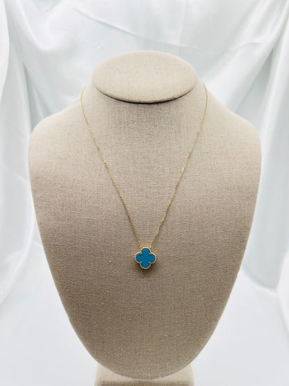 Solid Gold Four Leaf Clover Necklace, Mother Of Pearl, Onyx, Green, Turquoise & Pink