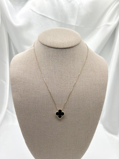 Solid Gold Four Leaf Clover Necklace, Mother Of Pearl, Onyx, Green, Turquoise & Pink