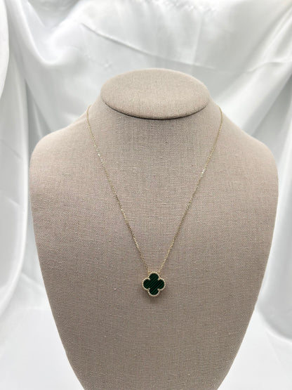 Solid Gold Four Leaf Clover Necklace, Mother Of Pearl, Onyx, Green, Turquoise & Pink