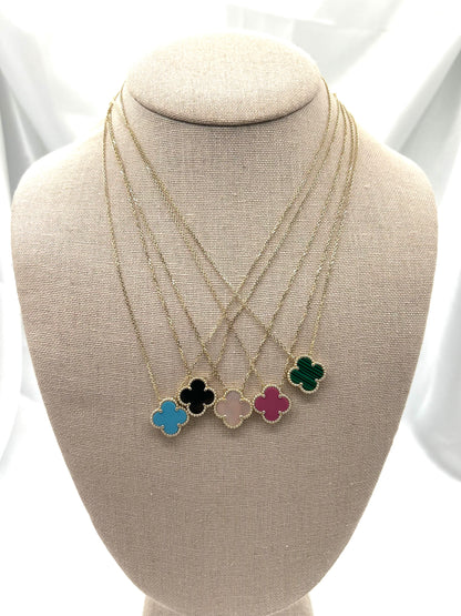 Solid Gold Four Leaf Clover Necklace, Mother Of Pearl, Onyx, Green, Turquoise & Pink