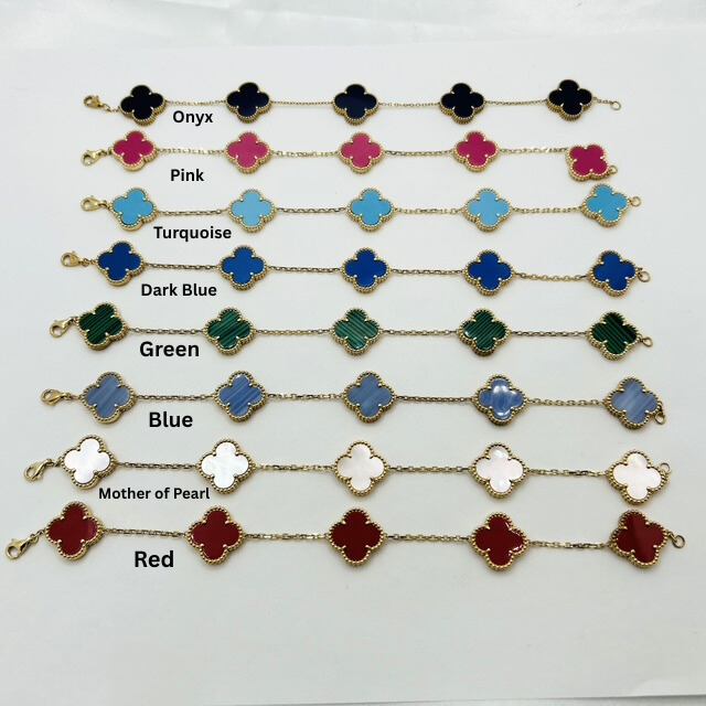 Solid Gold Five Clover Bracelet, Available in multiple colors