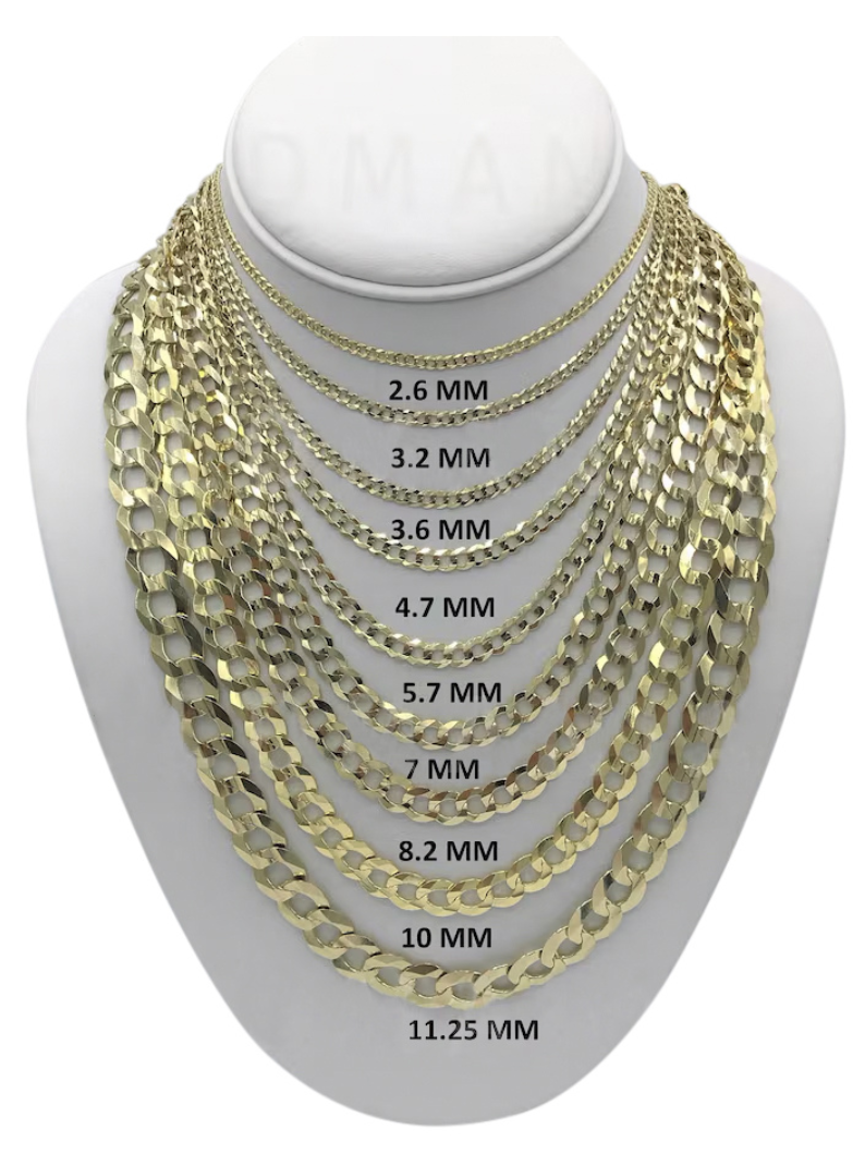 14K Solid Yellow Gold Curb Cuban Link Chain Necklace, 2.6mm to 10mm Wide