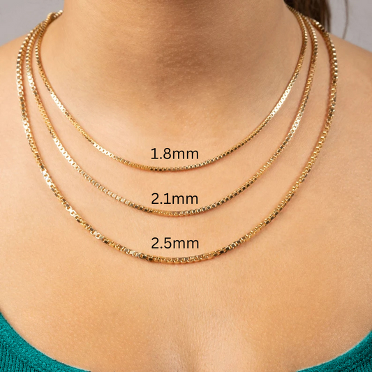 14K Yellow Gold Box Chain Necklace, 1.8mm to 2.5mm Wide.
