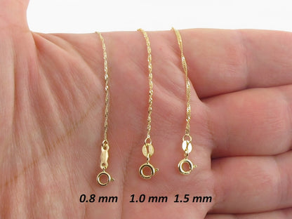 Solid 14K Yellow Gold Singapore Rope Chain Necklace, 0.8mm To 1.7mm Wide