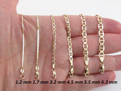 Solid 14K Yellow Gold Mariner Link Chain Necklace or Bracelet, 1.2mm To 6.3mm Wide