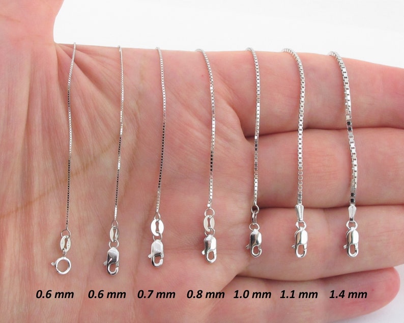 14K Solid White Gold Box Chain Necklace, 0.8mm to 1.5mm Wide.