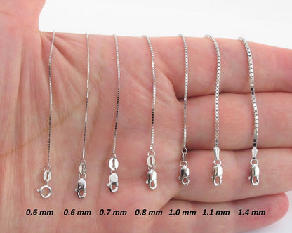 14K Solid White Gold Box Chain Necklace, 0.8mm to 1.5mm Wide.