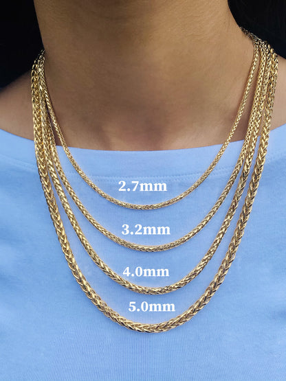 14K Yellow Gold Diamond Cut Round Wheat Chain Necklace, 2.7mm to 5.2mm Wide