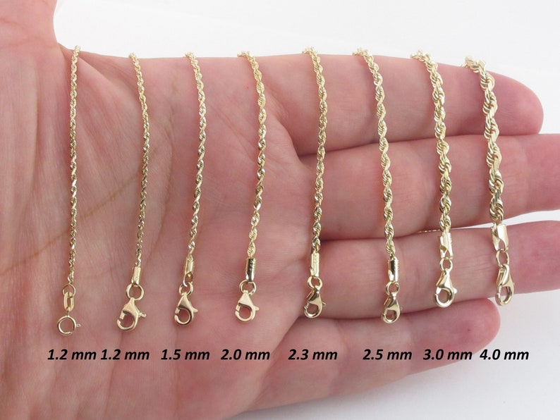 14K Solid Yellow Gold Diamond Cut Rope Chain Necklace, 1.25mm to 6.0 mm Wide