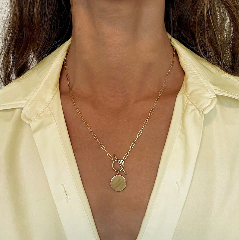 14K Gold Paper Clip Oval Chain Disc Charm Necklace w/ Toggle Clasp, 2.75mm