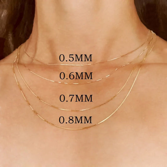 Solid 14K Yellow Gold Box Chain Necklace, 0.5mm To 0.7mm Wide
