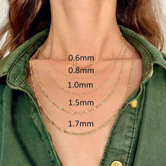Solid 14K Yellow Gold Singapore Rope Chain Necklace, 0.6mm To 1.7mm Wide