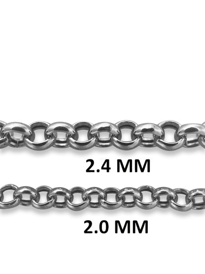 14K White Gold Rolo Chain Necklace, 2.0mm to 2.4mm Wide.