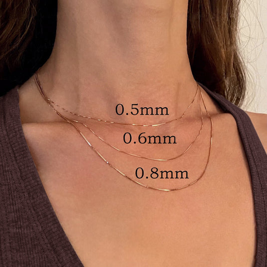 14K Solid Rose Gold Box Chain Necklace, 0.5mm to 0.8mm Wide