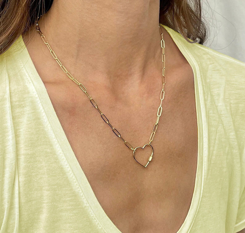 14kt Yellow Gold PAPERCLIP Heart Link Chain Necklace, 2.5mm