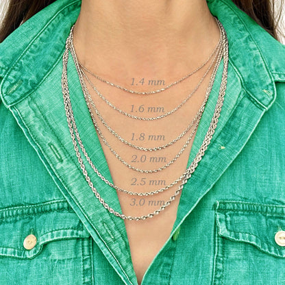 14K Solid White Gold Diamond Cut Rope Chain Necklace, 1.4mm to 3.0mm Wide