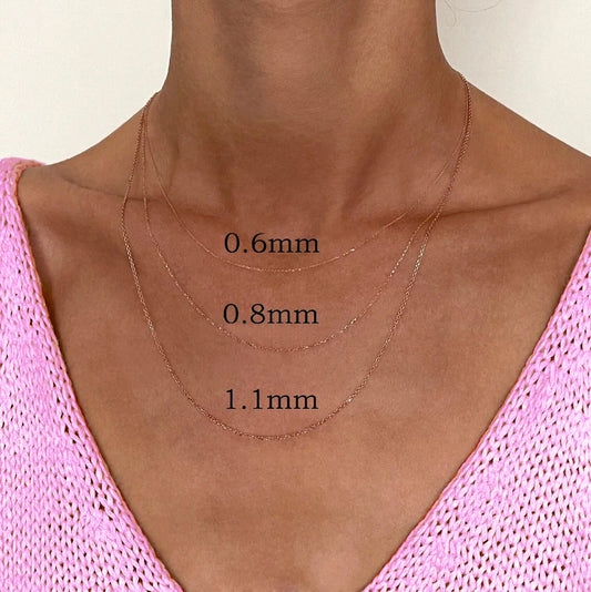 14K Solid Rose Gold Diamond Cut Cable Link Chain Necklace, 0.6mm to 1.1mm Wide.