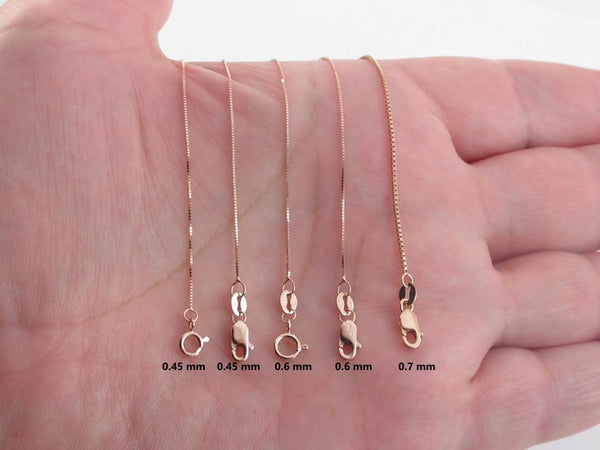 14K Solid Rose Gold Box Chain Necklace, 0.5mm to 0.8mm Wide