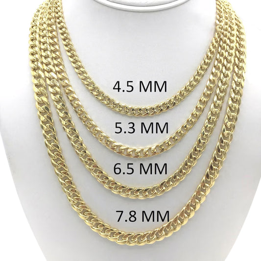 14K Yellow Gold Miami Cuban Semi-Solid Chain, 4.5mm to 7.8mm Wide