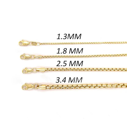 14K Yellow Gold Round Box Chain Necklace, 1.3mm To 3.5mm Wide.