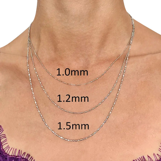 14K Solid White Gold Bar and Ball Chain Necklace, 1.0mm TO 1.50mm Wide