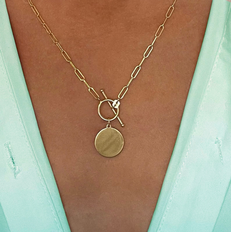 14K Gold Paper Clip Oval Chain Disc Charm Necklace w/ Toggle Clasp, 2.75mm