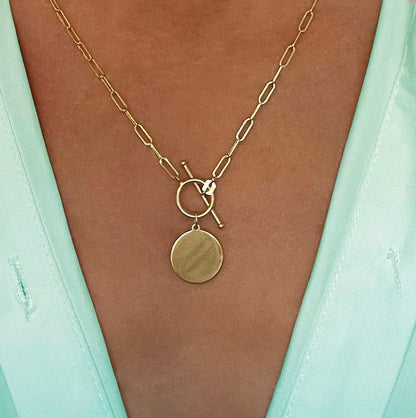 14K Gold Paper Clip Oval Chain Disc Charm Necklace w/ Toggle Clasp, 2.75mm