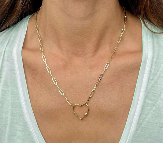 14kt Yellow Gold PAPERCLIP Heart Link Chain Necklace, 2.5mm