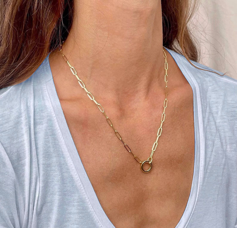 14kt Yellow Gold Charm Clasp PAPERCLIP Link Chain Necklace