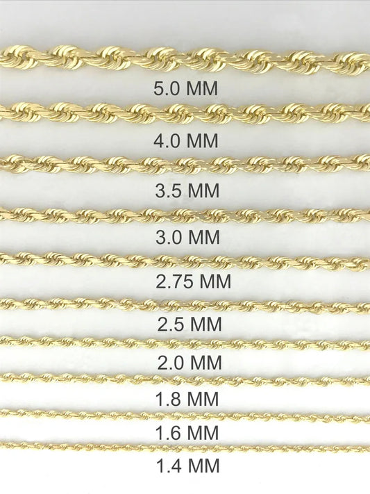 14K Solid Yellow Gold Diamond Cut Rope Chain Necklace, 1.25mm to 6.0 mm Wide
