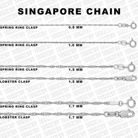 10k Solid White Gold Singapore Rope Chain 0.8mm - 1.7mm Thick