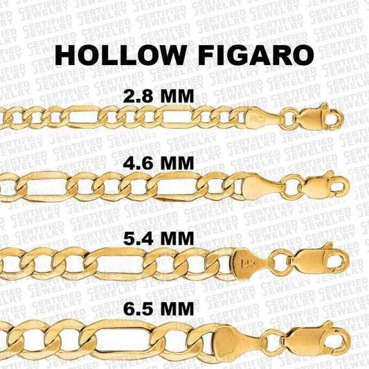 10K Yellow Gold Figaro Chain, 3.0MM To 6.5MM Wide.