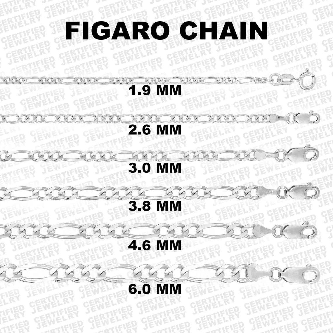 Solid 14K White Gold Figaro Chain Necklace, 1.3mm To 6mm Wide