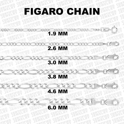 Solid 14K White Gold Figaro Chain Necklace, 7" To 24" Inch, 1.3mm To 6mm Thick