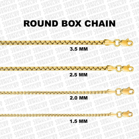 14K Yellow Gold Round Box Chain Necklace, 1.5mm To 3.5mm Wide.